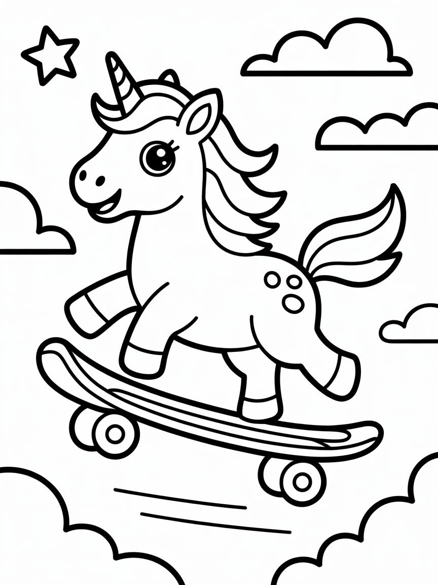 Unicorn flying on a rainbow skateboard - Free Coloring Page