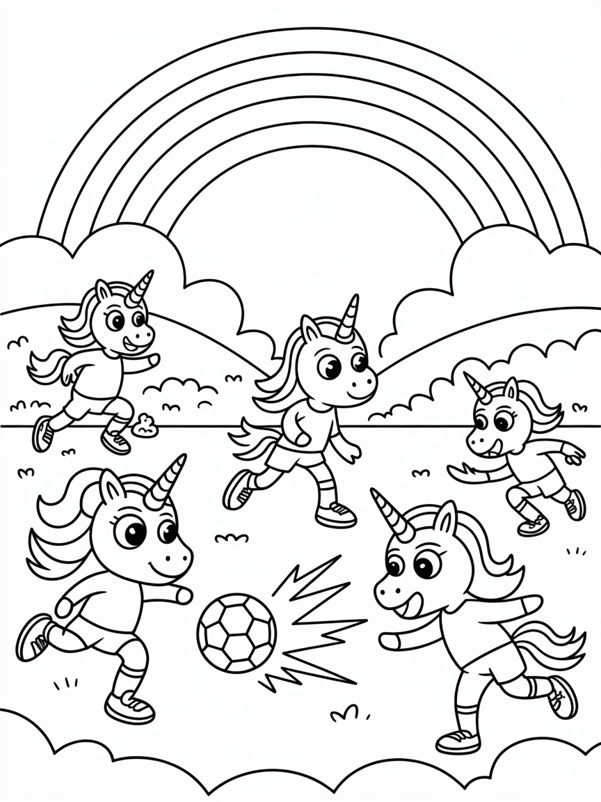 Unicorn soccer match under a rainbow - Free Coloring Page