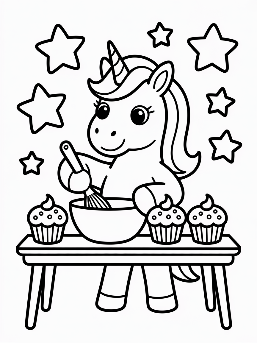 Unicorn baking cupcakes with stars - Free Coloring Page