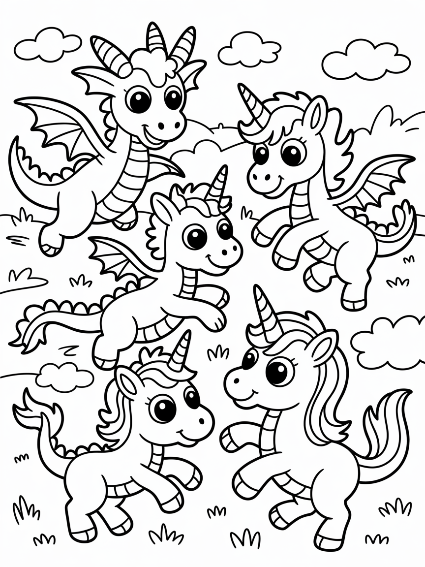 Cute dragons and unicorns - Free Coloring Page