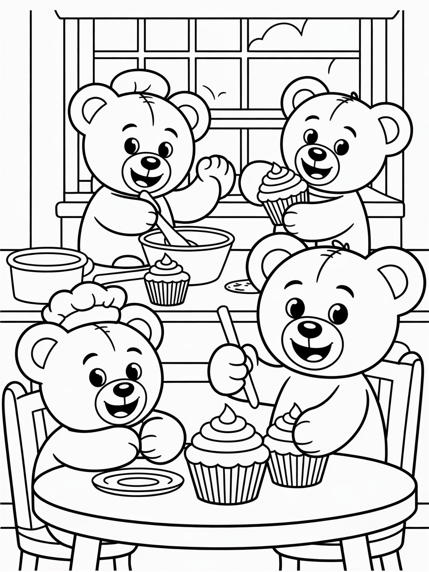 Teddy bears baking rainbow cupcakes - Free Coloring Page
