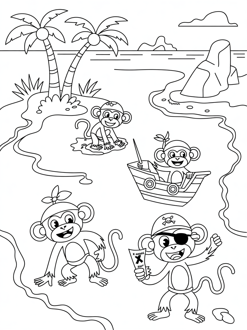 Pirate monkeys exploring a treasure island - Free Coloring Page