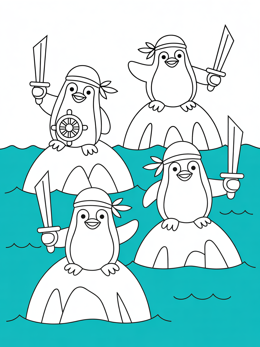 Pirate penguins sailing colorful icebergs - Free Coloring Page