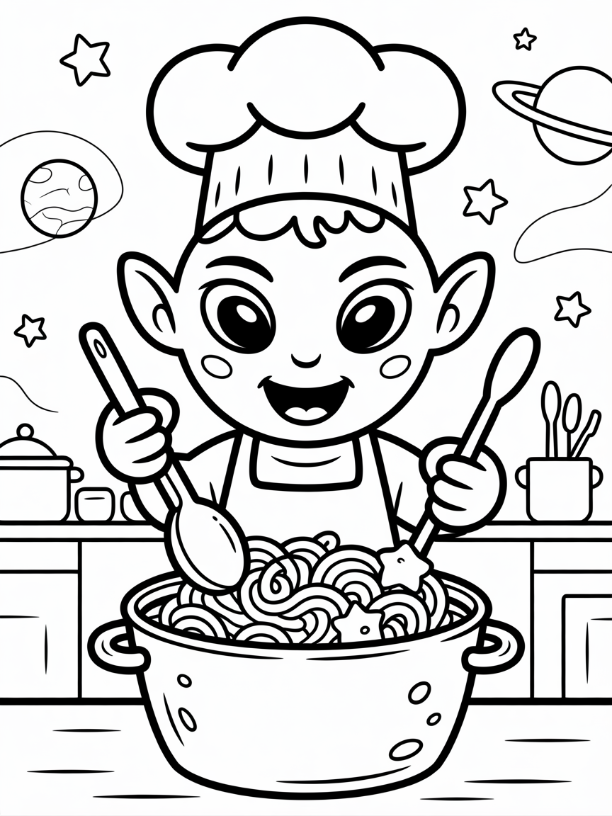 Alien chef cooking cosmic spaghetti - Free Coloring Page