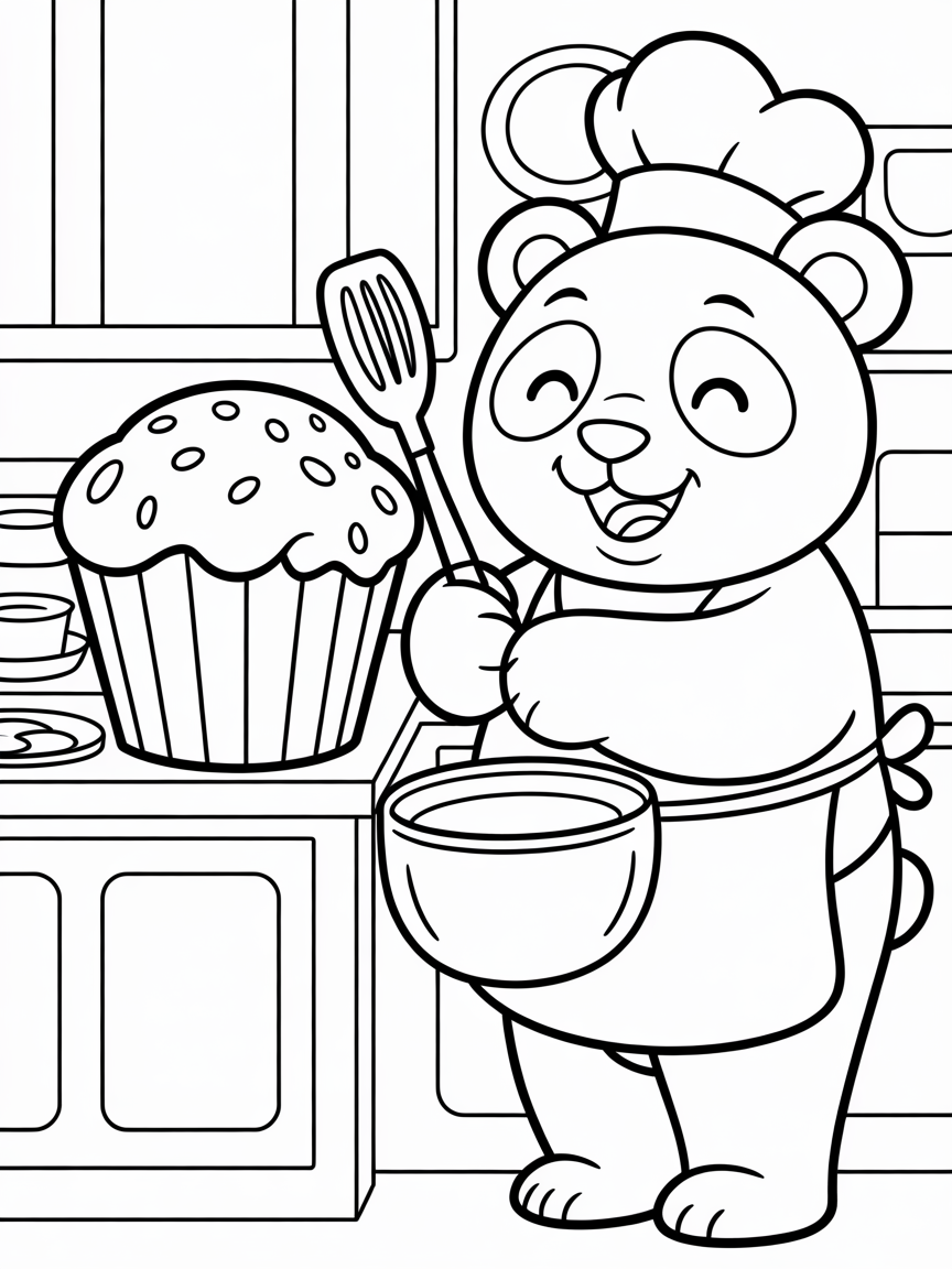 Panda baking a giant muffin - Free Coloring Page