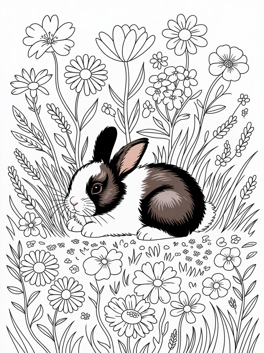 A small dark brown and white Dutch rabbit sleeping in flower field - Free Coloring Page
