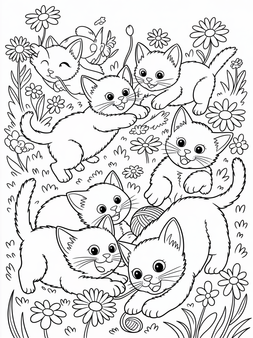 Kittens playing together - Free Coloring Page