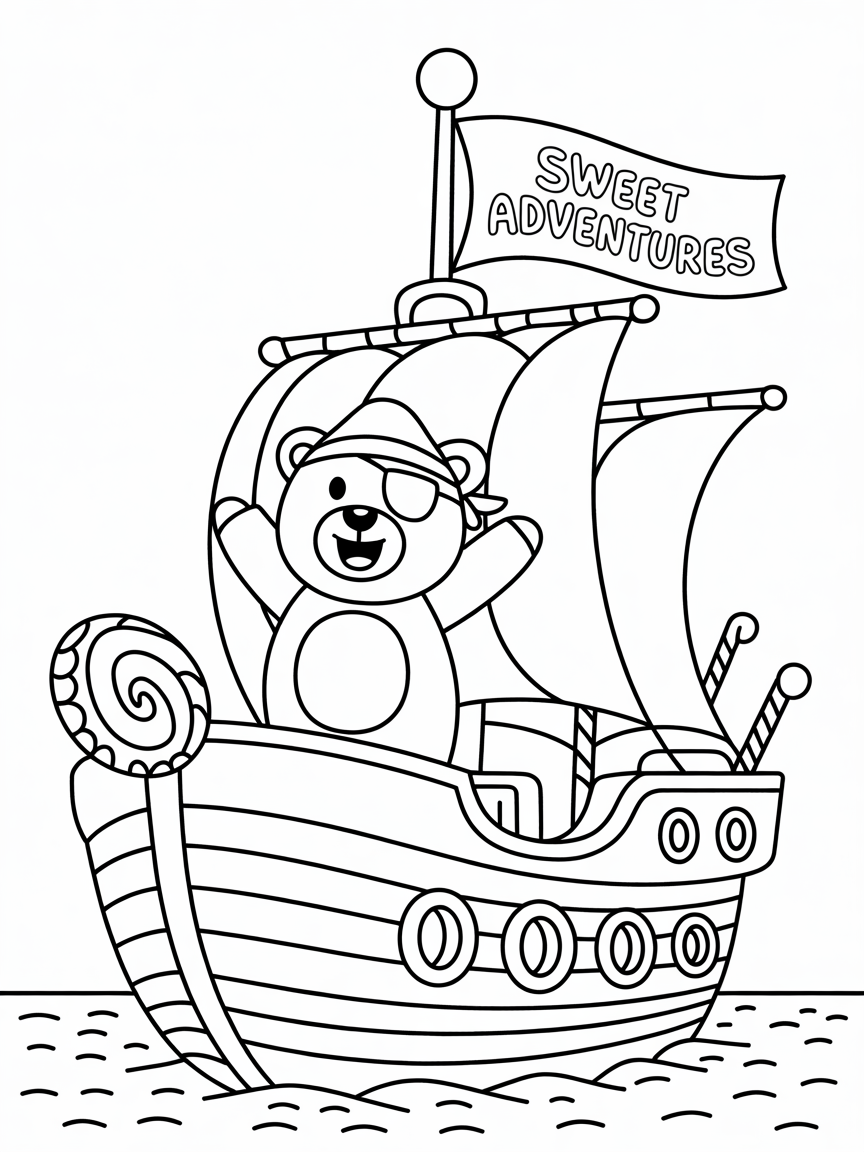 Pirate bear sailing a candy ship - Free Coloring Page