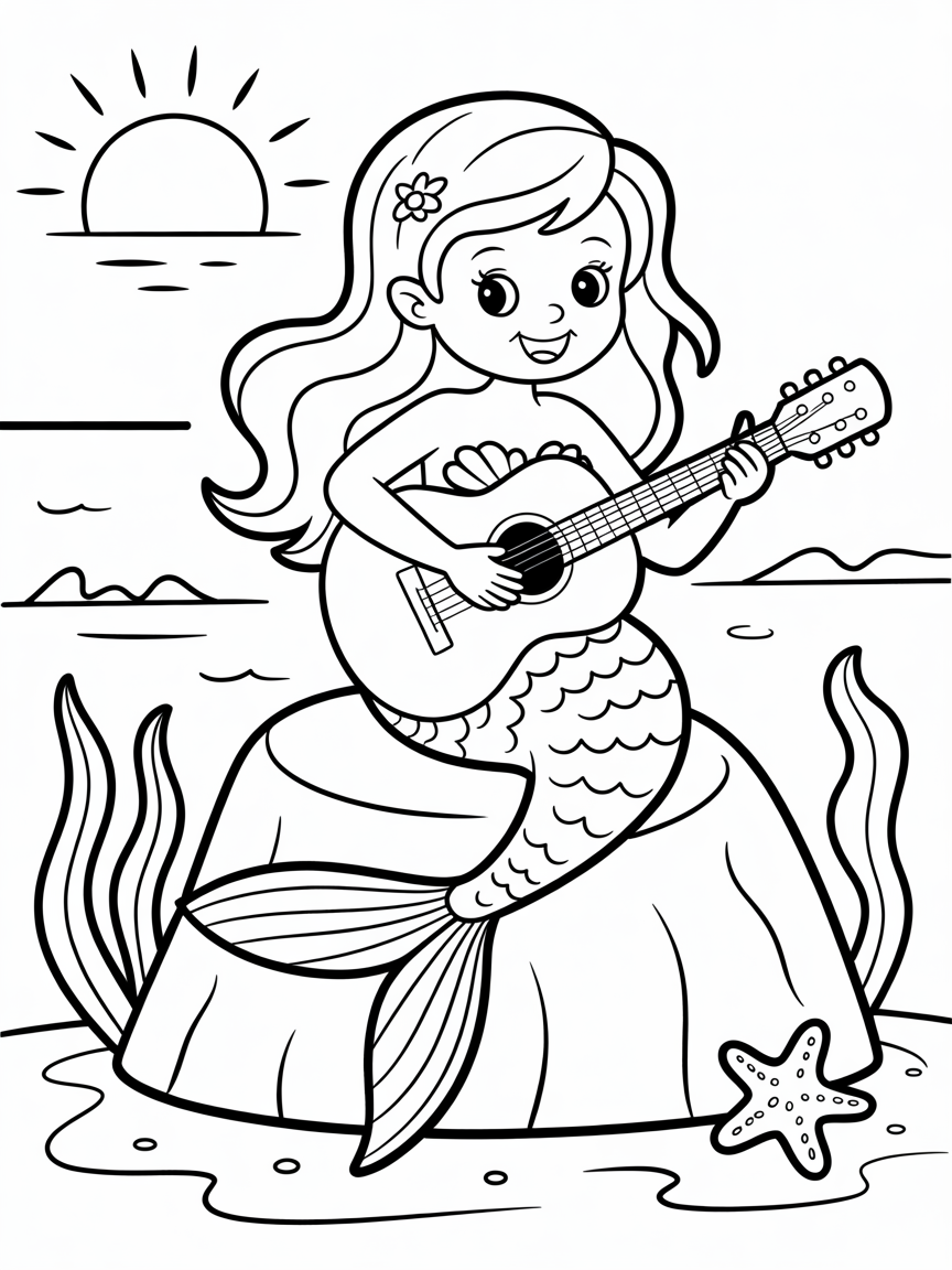 Mermaid playing guitar on a rock - Free Coloring Page