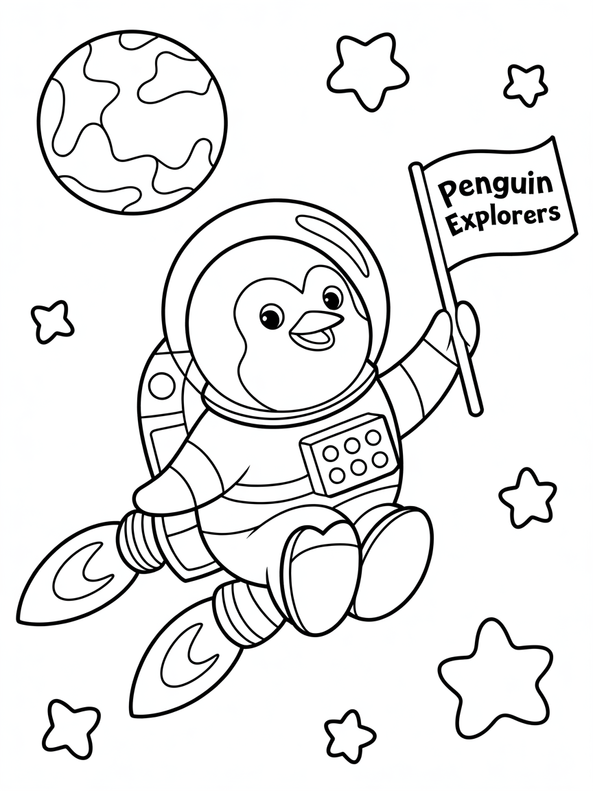 Penguin astronaut exploring icy space - Free Coloring Page