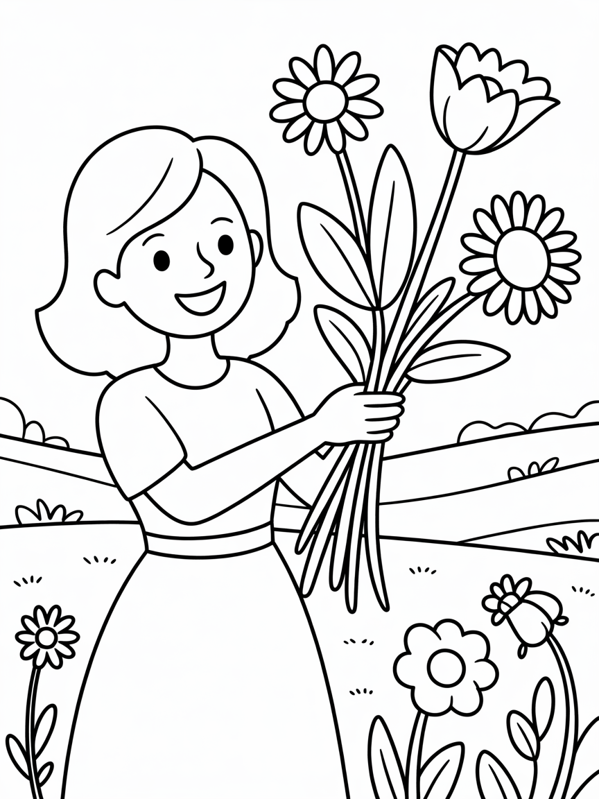 Une femme cueille des fleurs sauvages dans un champs. - Free Coloring Page
