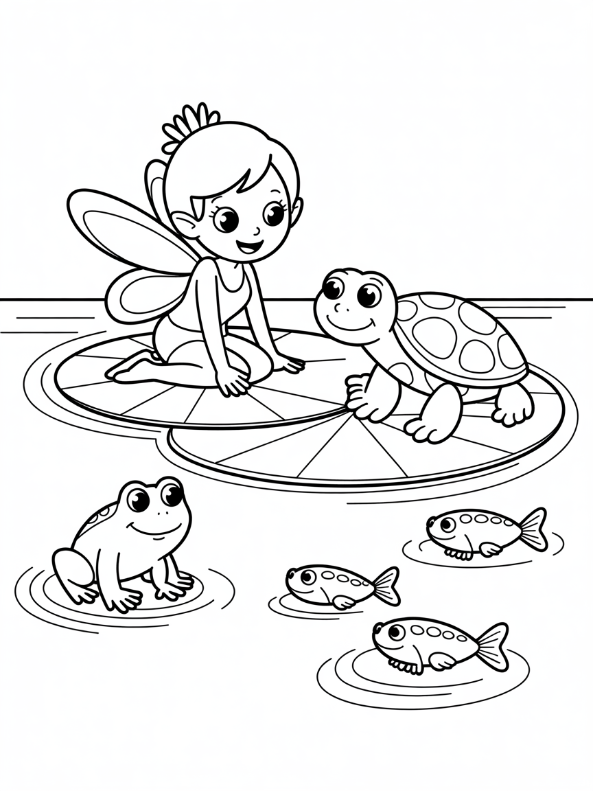 A fairy sits on a waterlily talking to a turtle with a frog and minnows nearby - Free Coloring Page