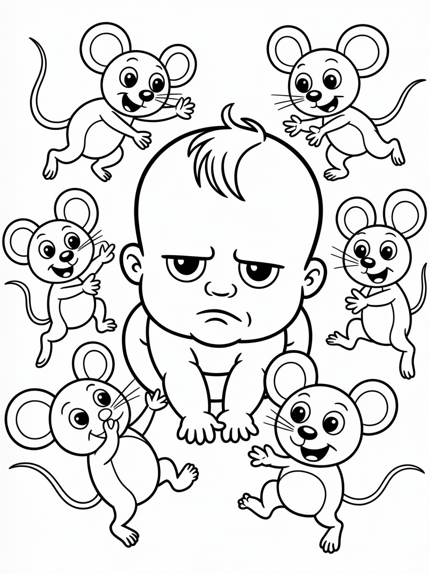 Grouchy baby surrounded by dancing mice - Free Coloring Page