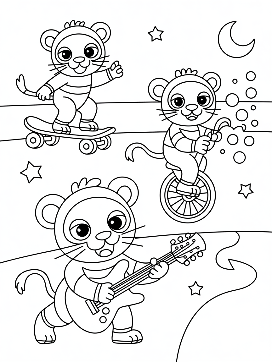 Baby lionesses in spacewear on a skateboard and a unicycle blowing bubbles and playing electric guitar - Free Coloring Page