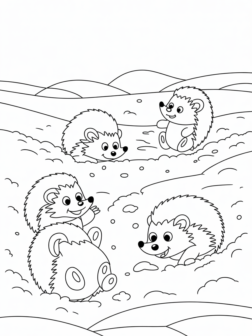 Hedgehogs in the snow - Free Coloring Page