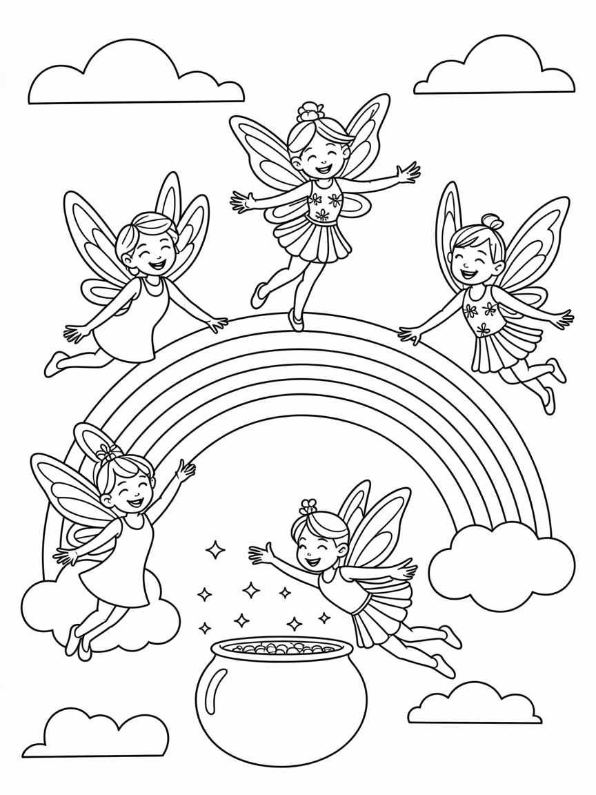 Fairies playing on a rainbow - Free Coloring Page