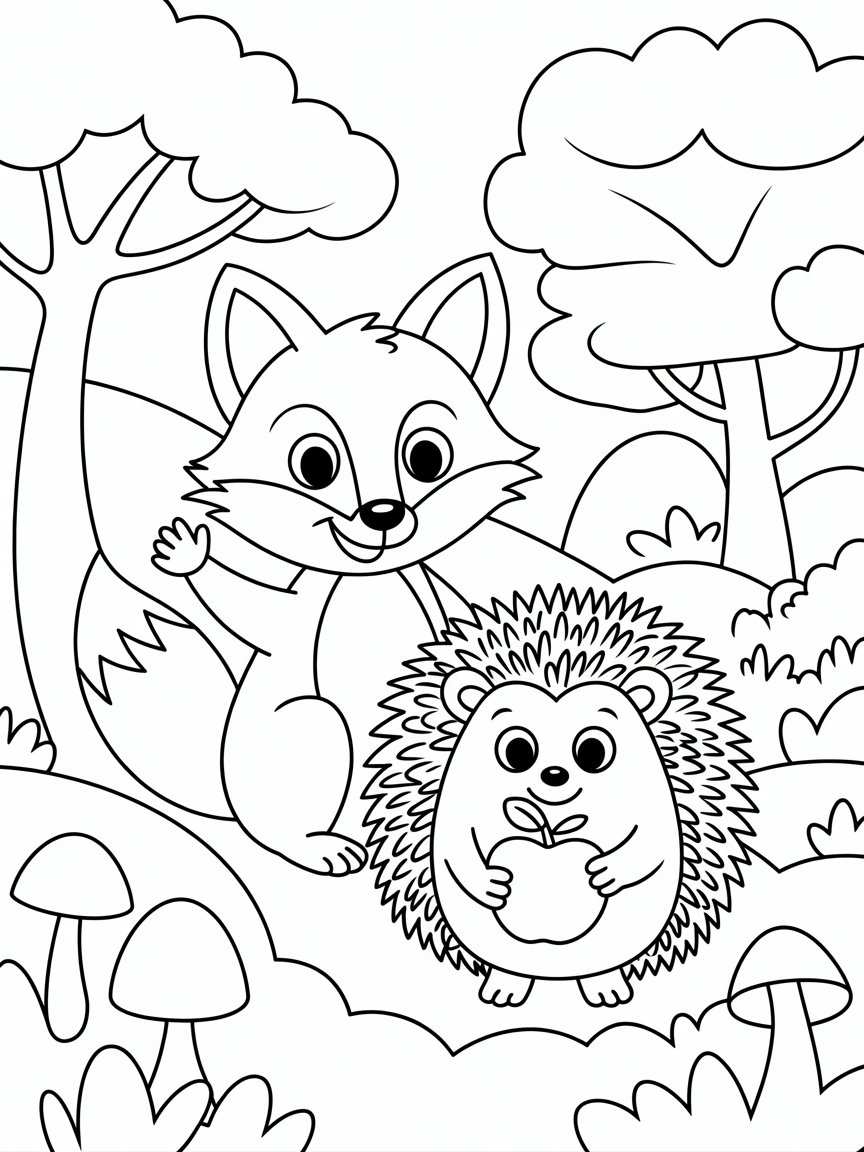 A fox and a hedgehog in a woodland with magical elements - Free Coloring Page