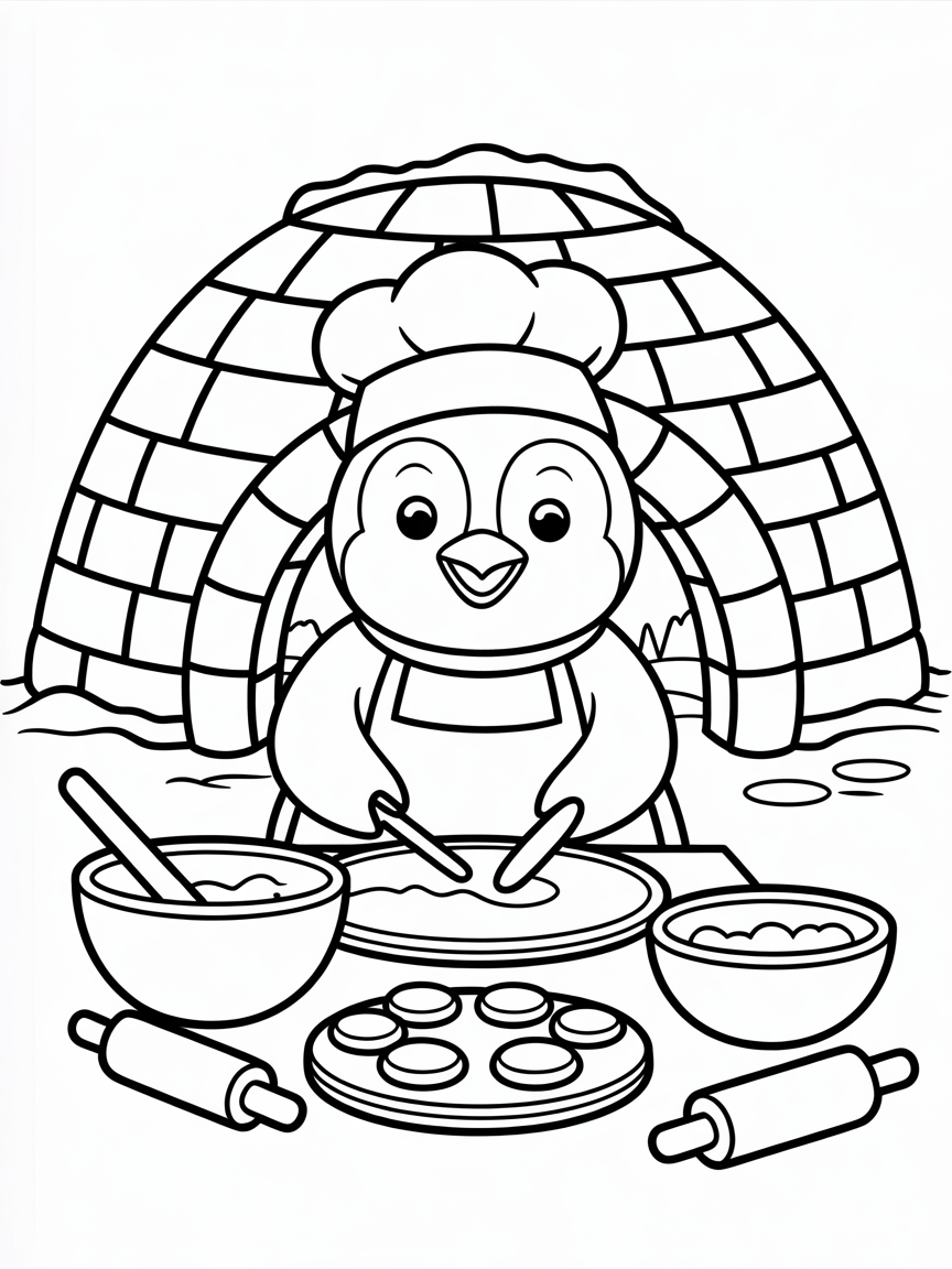 Penguin baking cookies in igloo - Free Coloring Page
