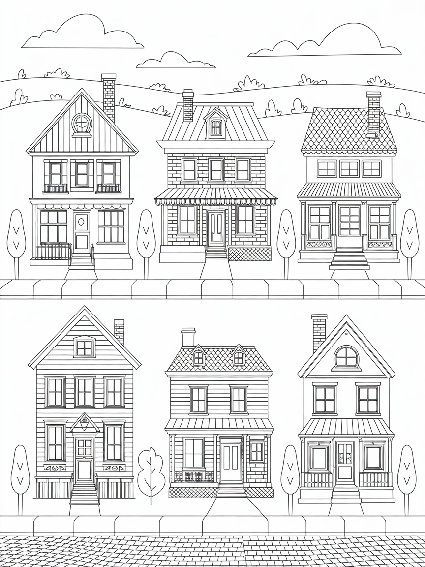 Vintage houses - Free Coloring Page