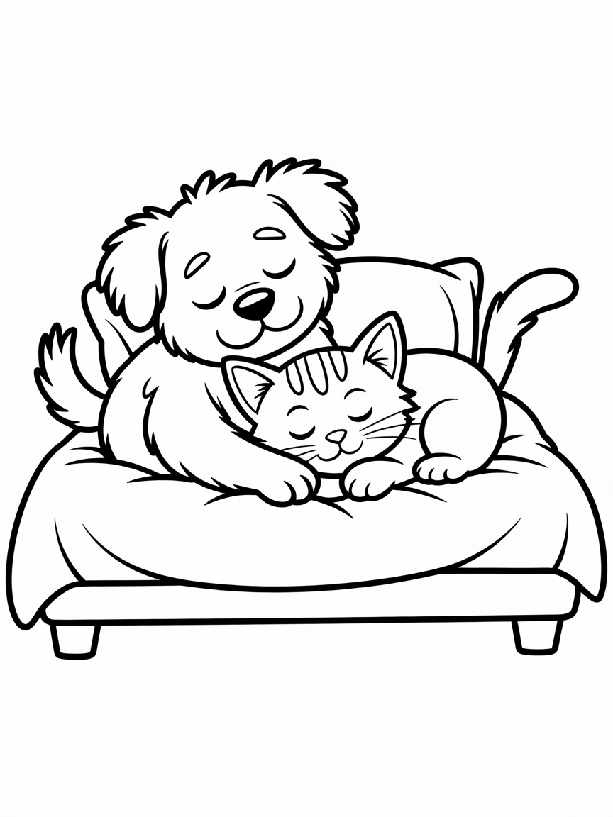 Dog and cat sleeping on the bed - Free Coloring Page