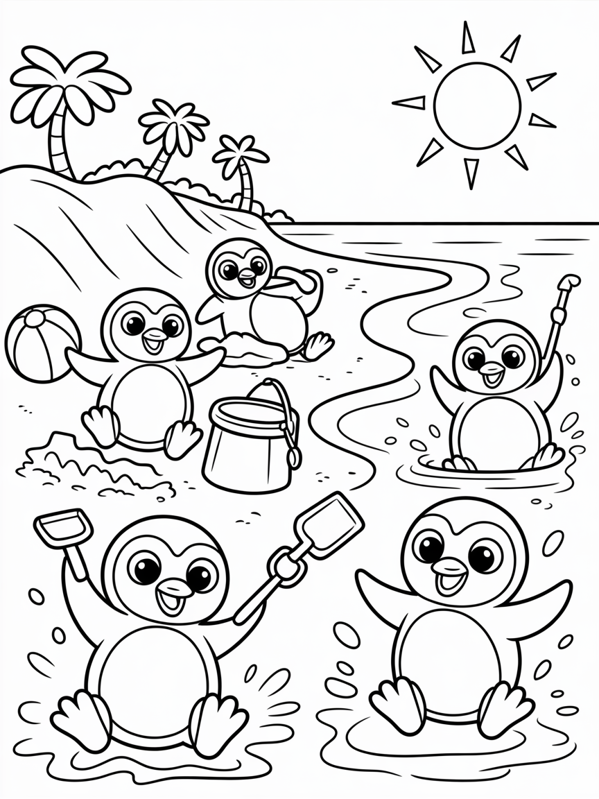 Penguins having a beach party - Free Coloring Page