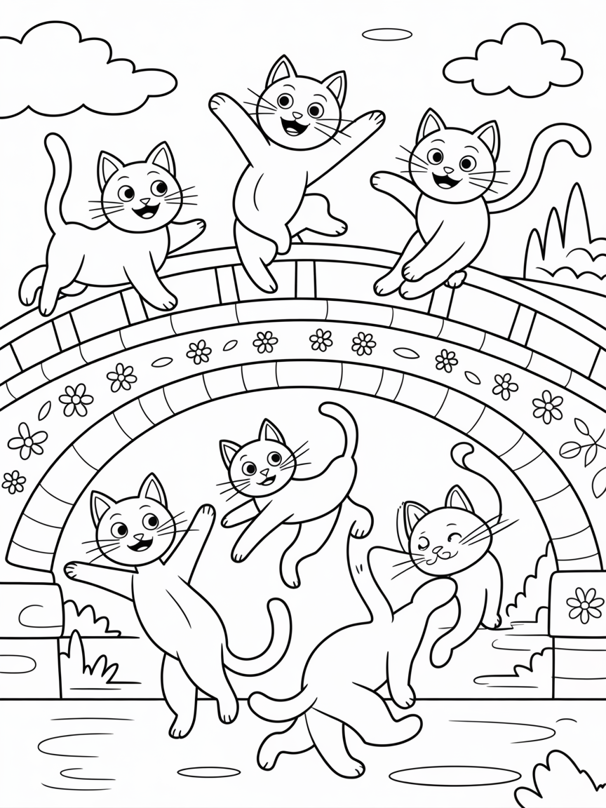 cats dancing on a bridge - Free Coloring Page