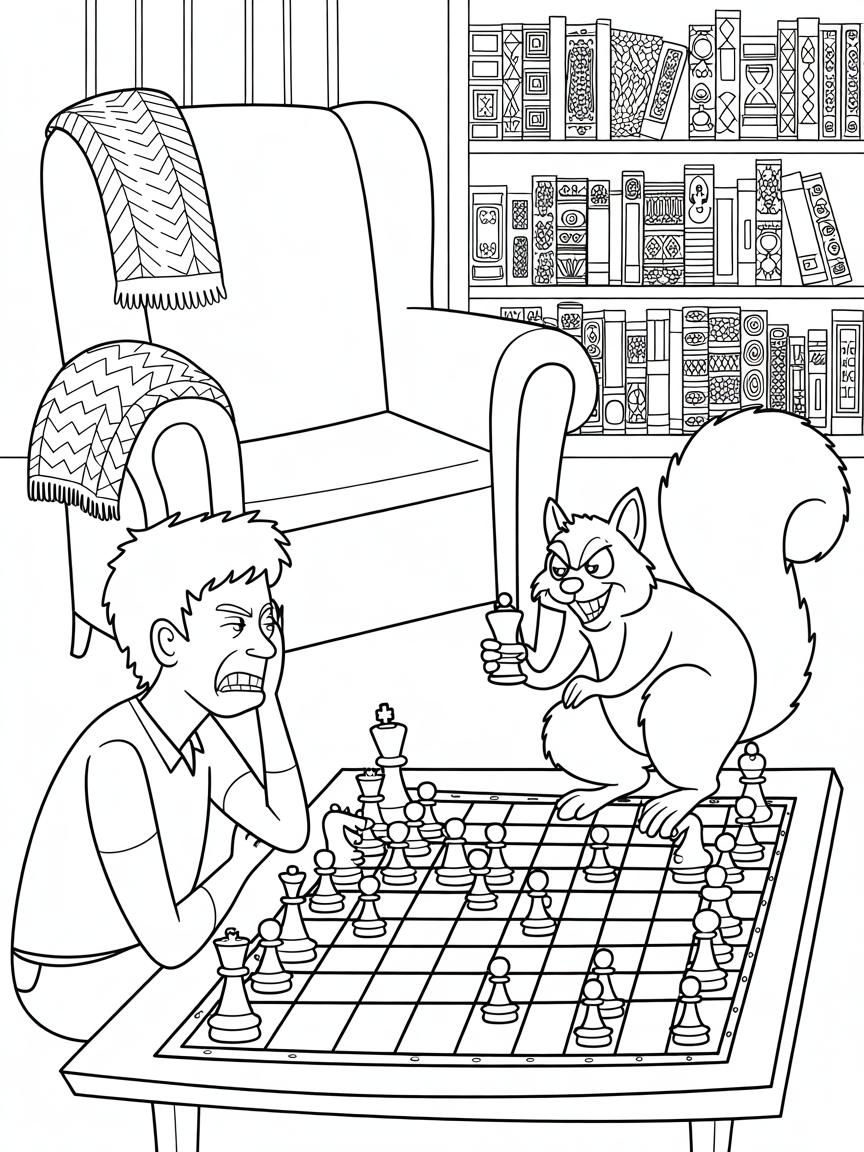 losing a chess match to a silly squirrel - Free Coloring Page