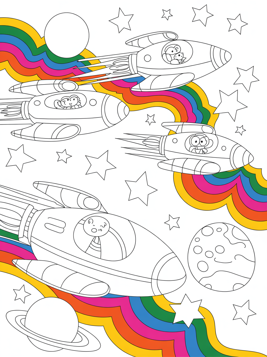 Spaceships racing through a rainbow galaxy - Free Coloring Page