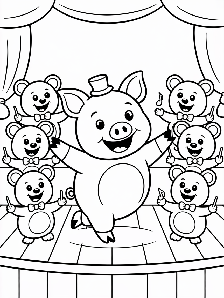 A pig tap dancing, surrounded by a choir of moles - Free Coloring Page