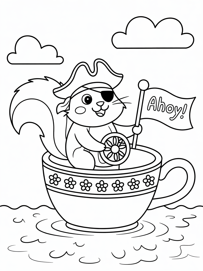 Pirate squirrel sailing in a teacup - Free Coloring Page
