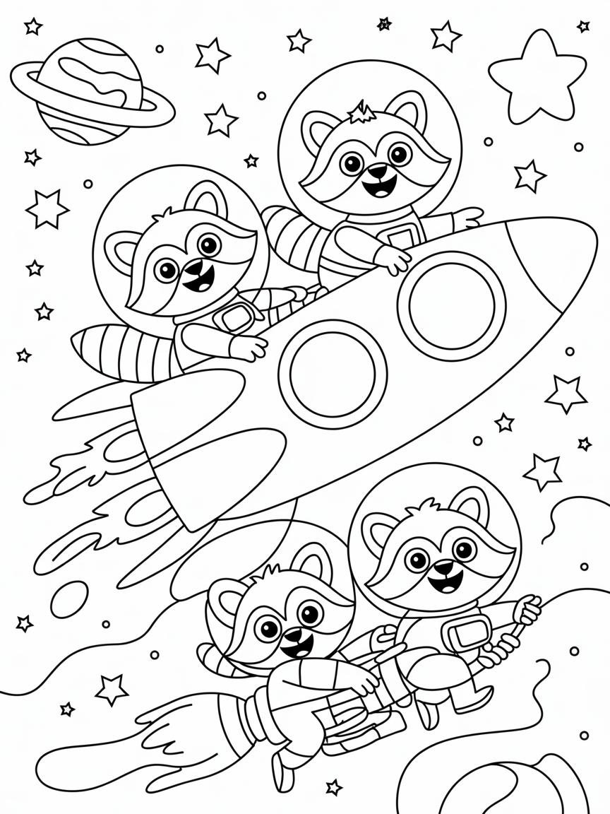 Space raccoons on a rocket adventure - Free Coloring Page