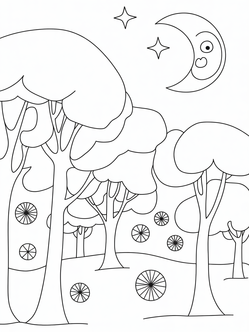 Moonlit forest with dancing fireflies - Free Coloring Page