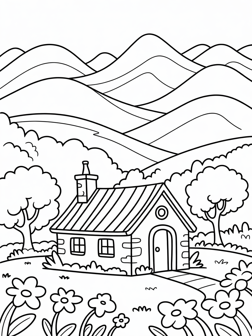 Cottage in Ireland in the mountains - Free Coloring Page