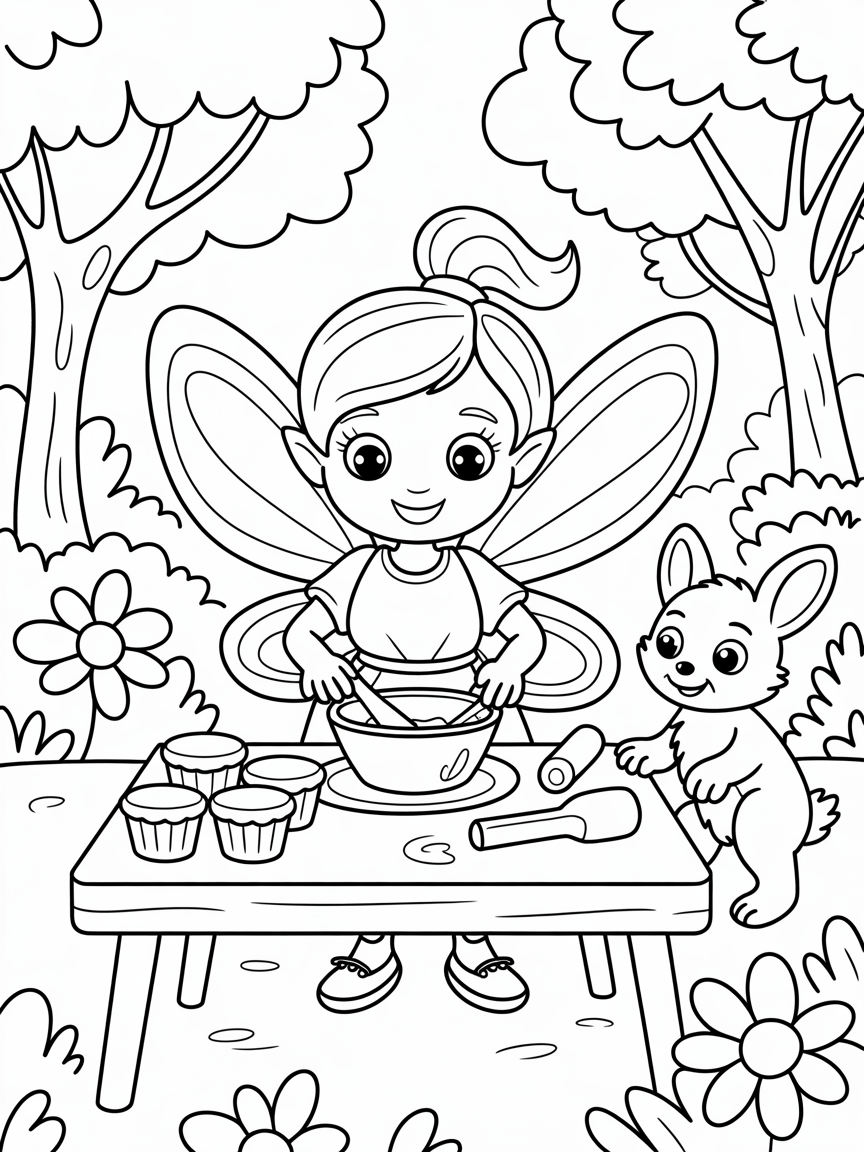 Fairy baking cupcakes in a forest - Free Coloring Page