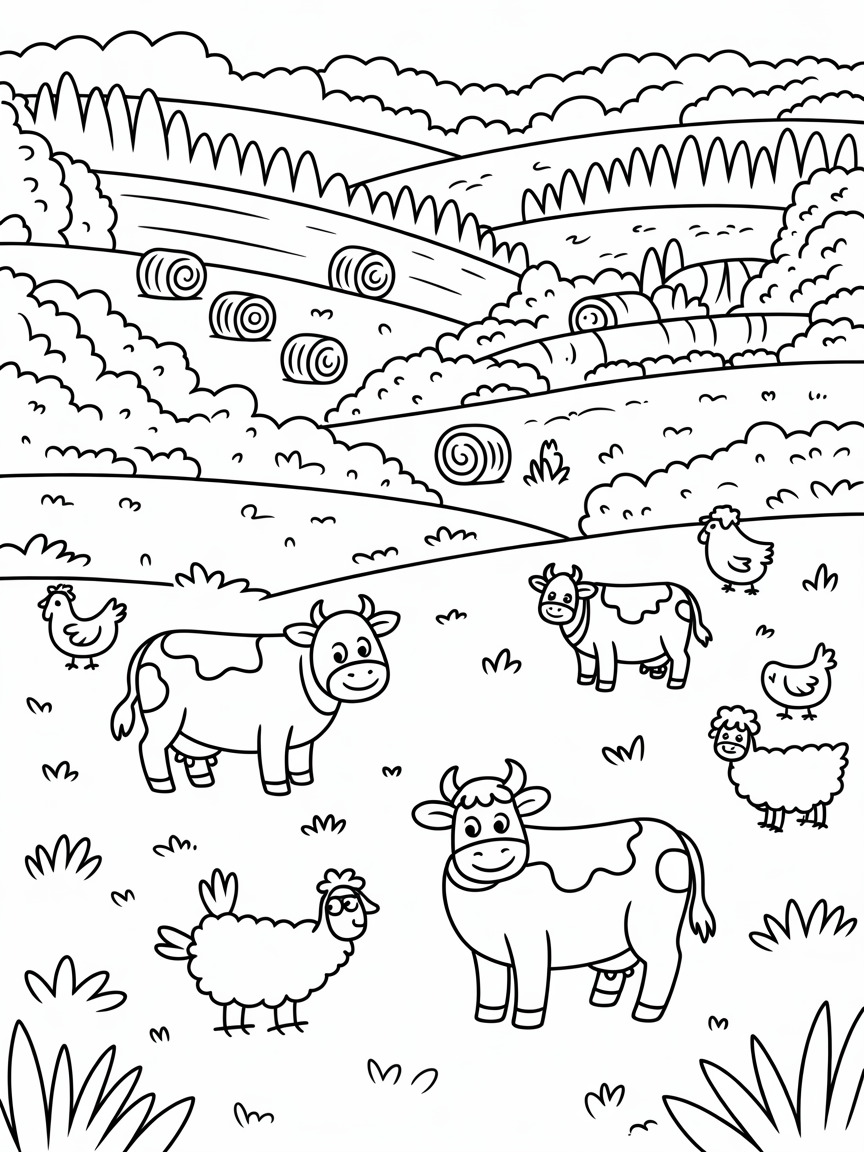 Czech landscape in south Bohemia with forests hills, cows, straw bales and animals - Free Coloring Page