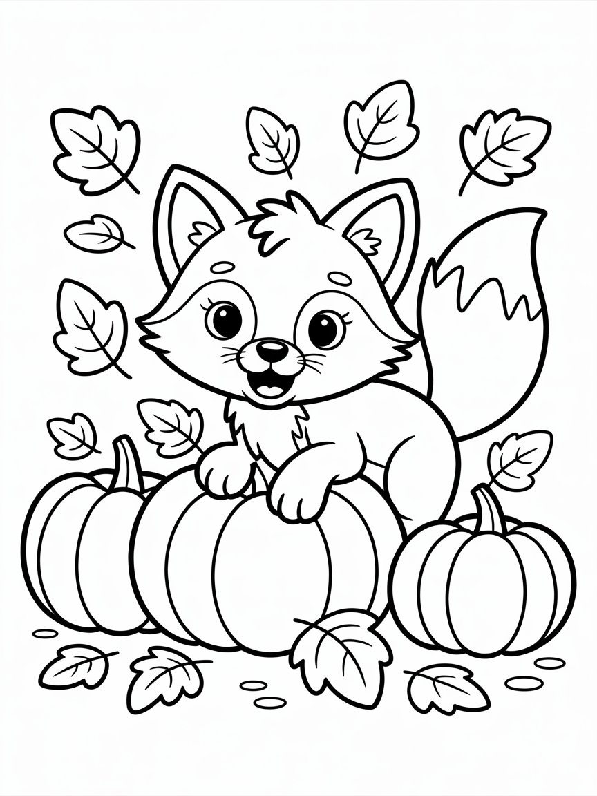 Autumn with a cute fox - Free Coloring Page