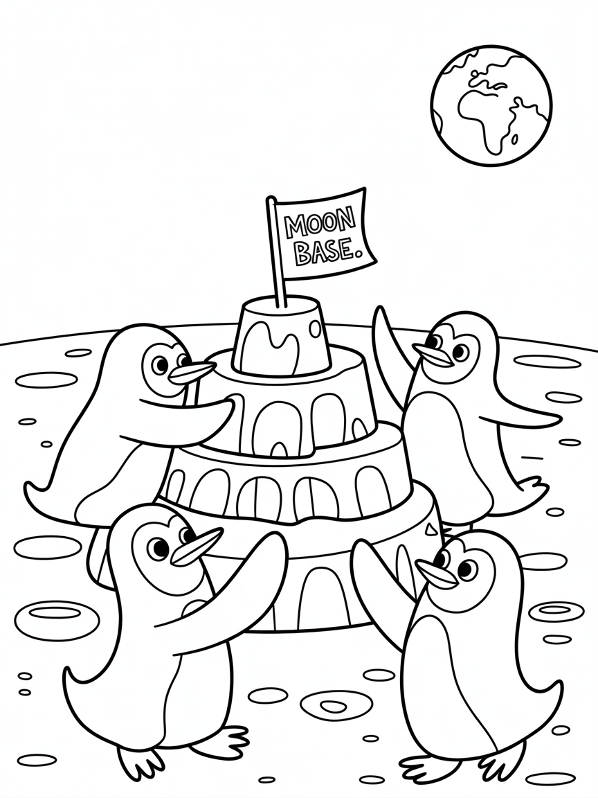 Penguins building a sandcastle on the moon - Free Coloring Page