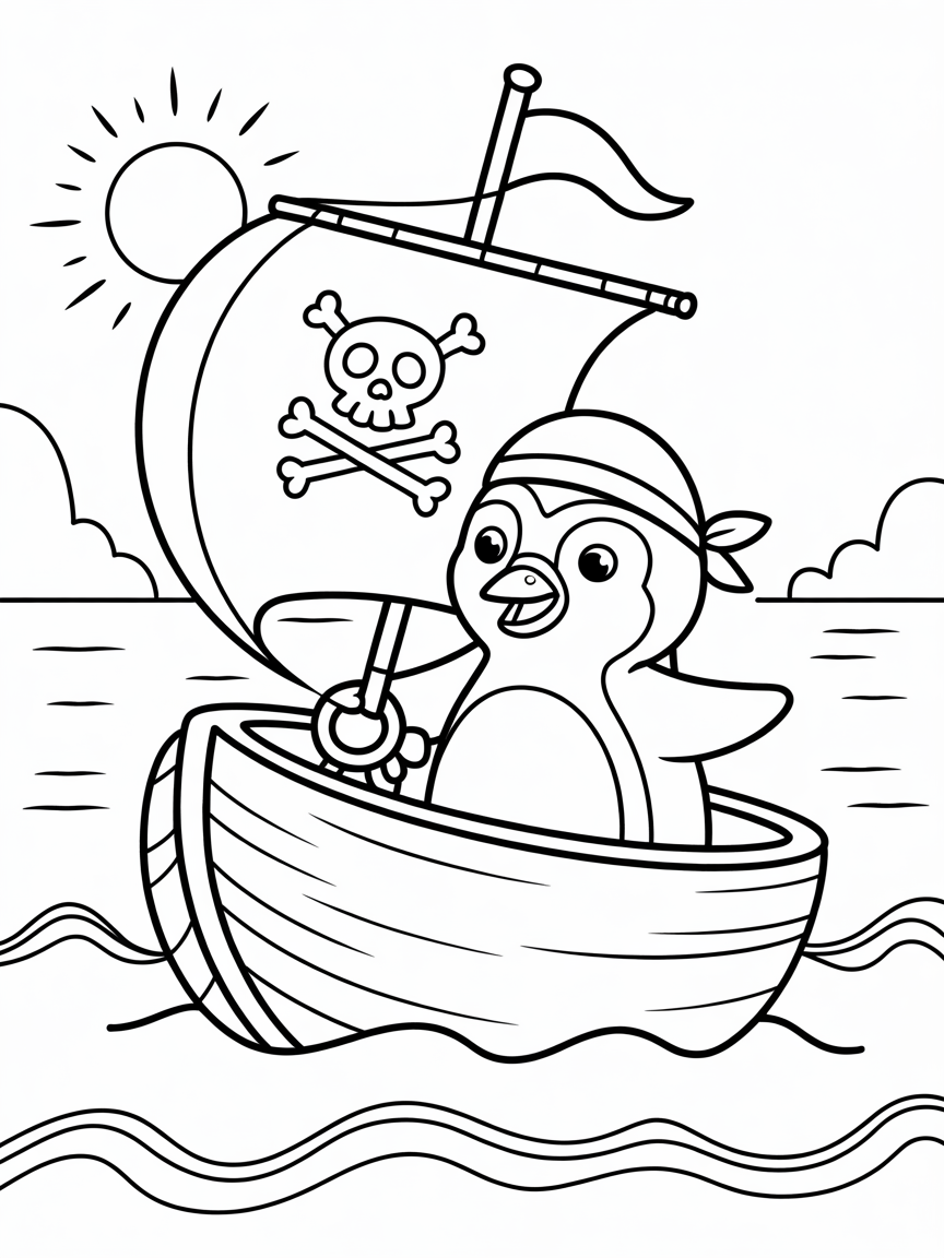 Pirate penguin sailing a coconut ship - Free Coloring Page
