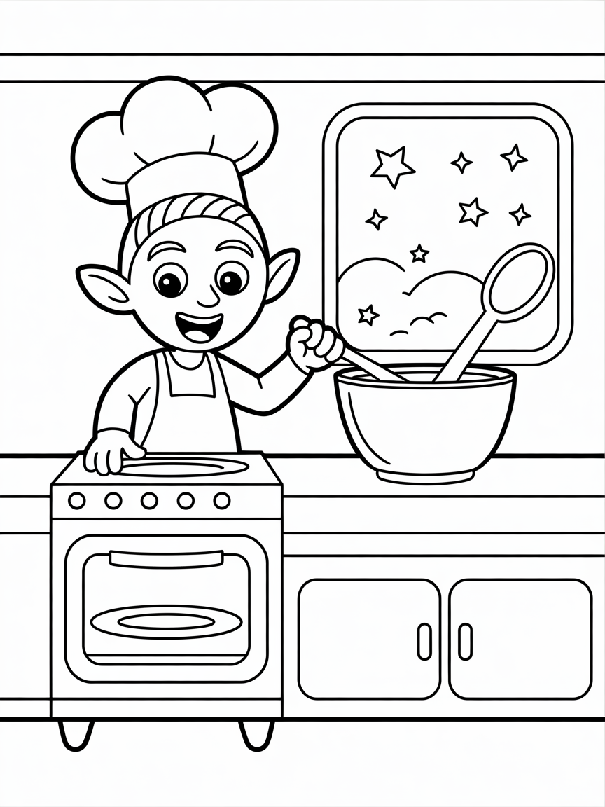Alien chef cooking in spaceship kitchen - Free Coloring Page