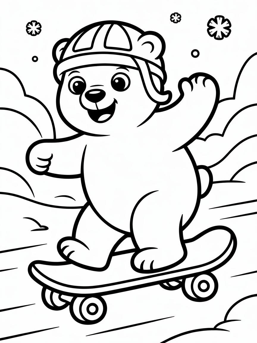Polar bear on a skateboard race - Free Coloring Page