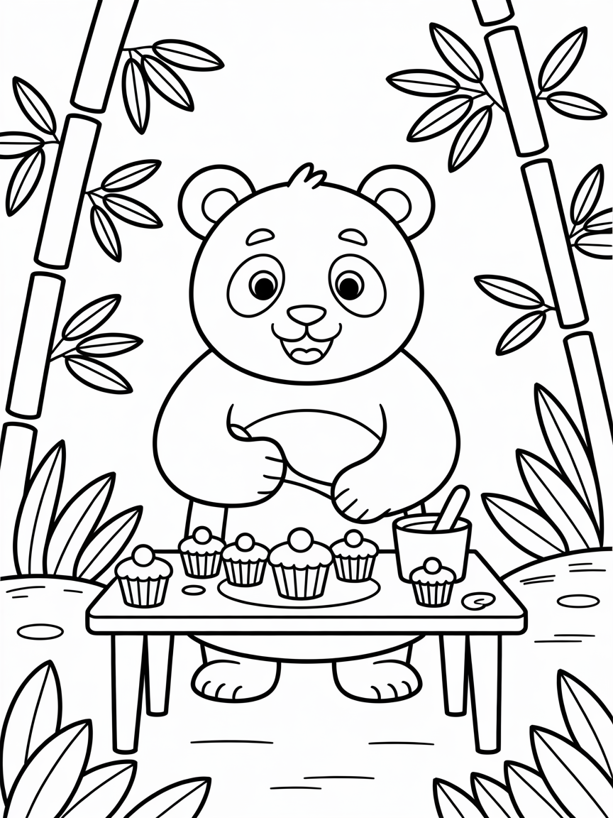 Panda baking cupcakes in bamboo forest - Free Coloring Page
