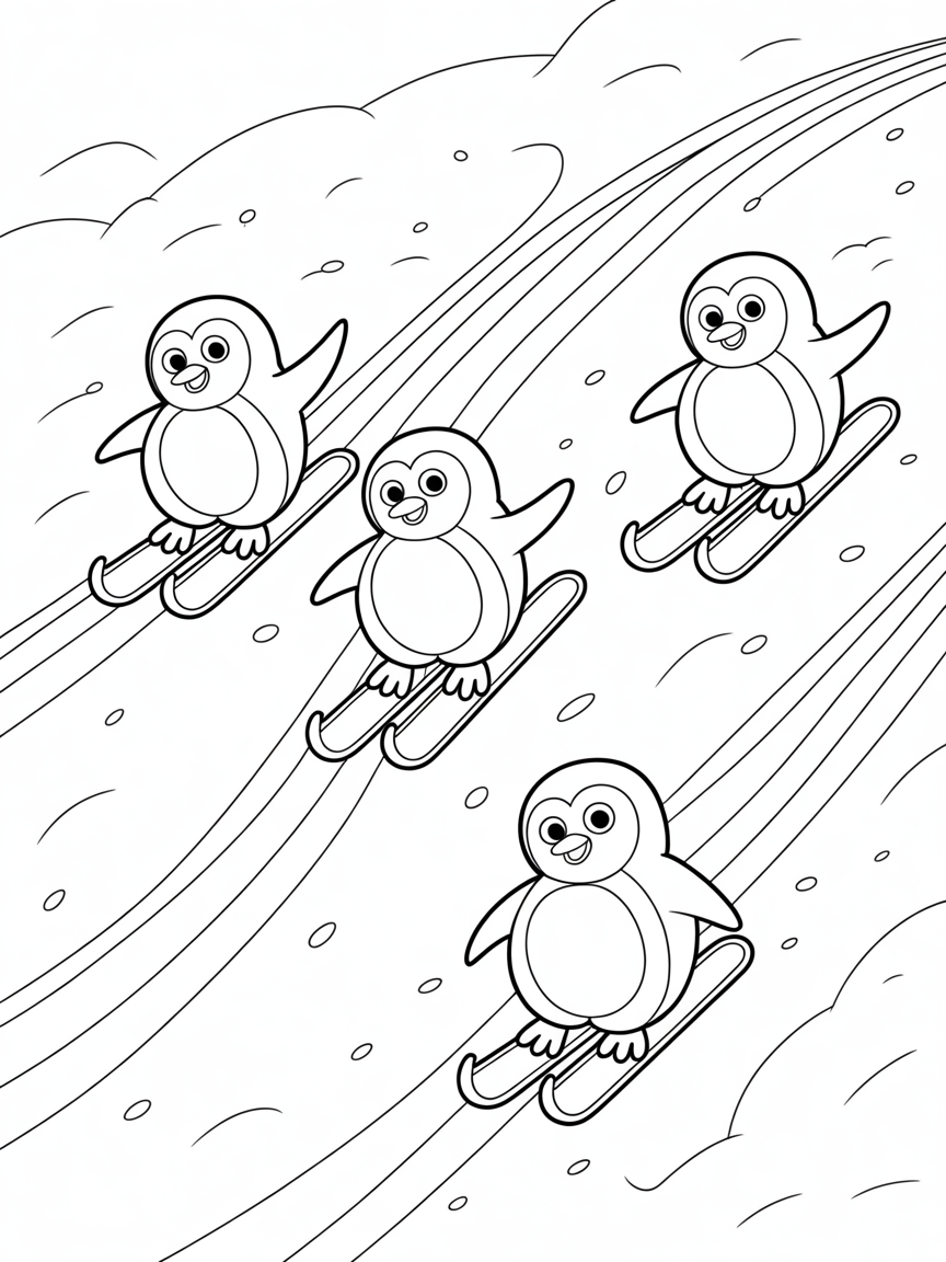 Playful penguins skiing down rainbow slopes - Free Coloring Page