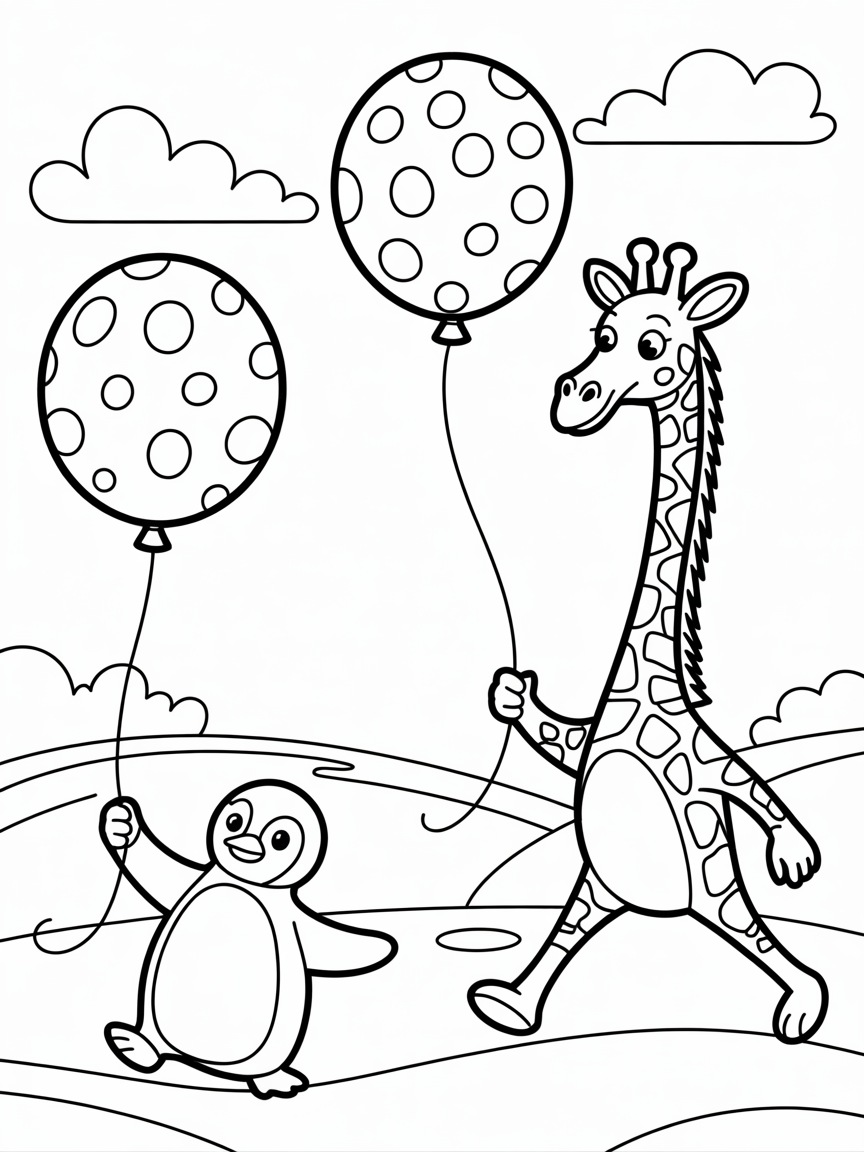 Giraffe and penguin balloon race - Free Coloring Page