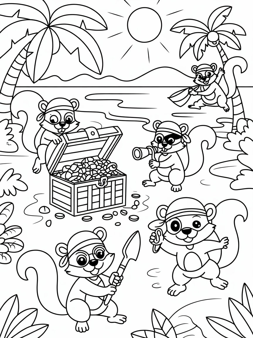 Pirate squirrels on a treasure island - Free Coloring Page