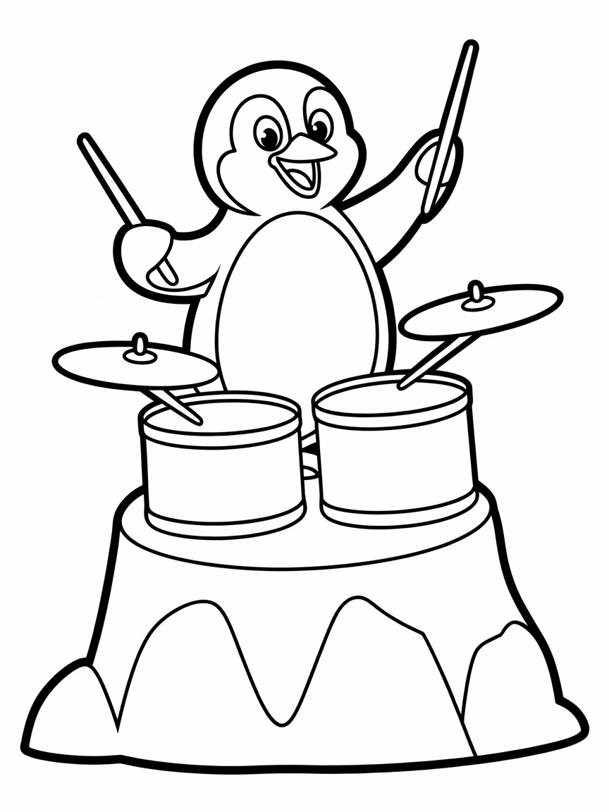Penguin playing drums on an iceberg - Free Coloring Page
