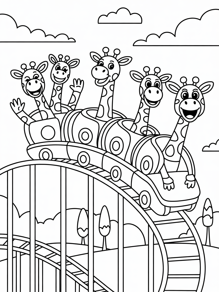 Whimsical giraffes riding a rollercoaster - Free Coloring Page