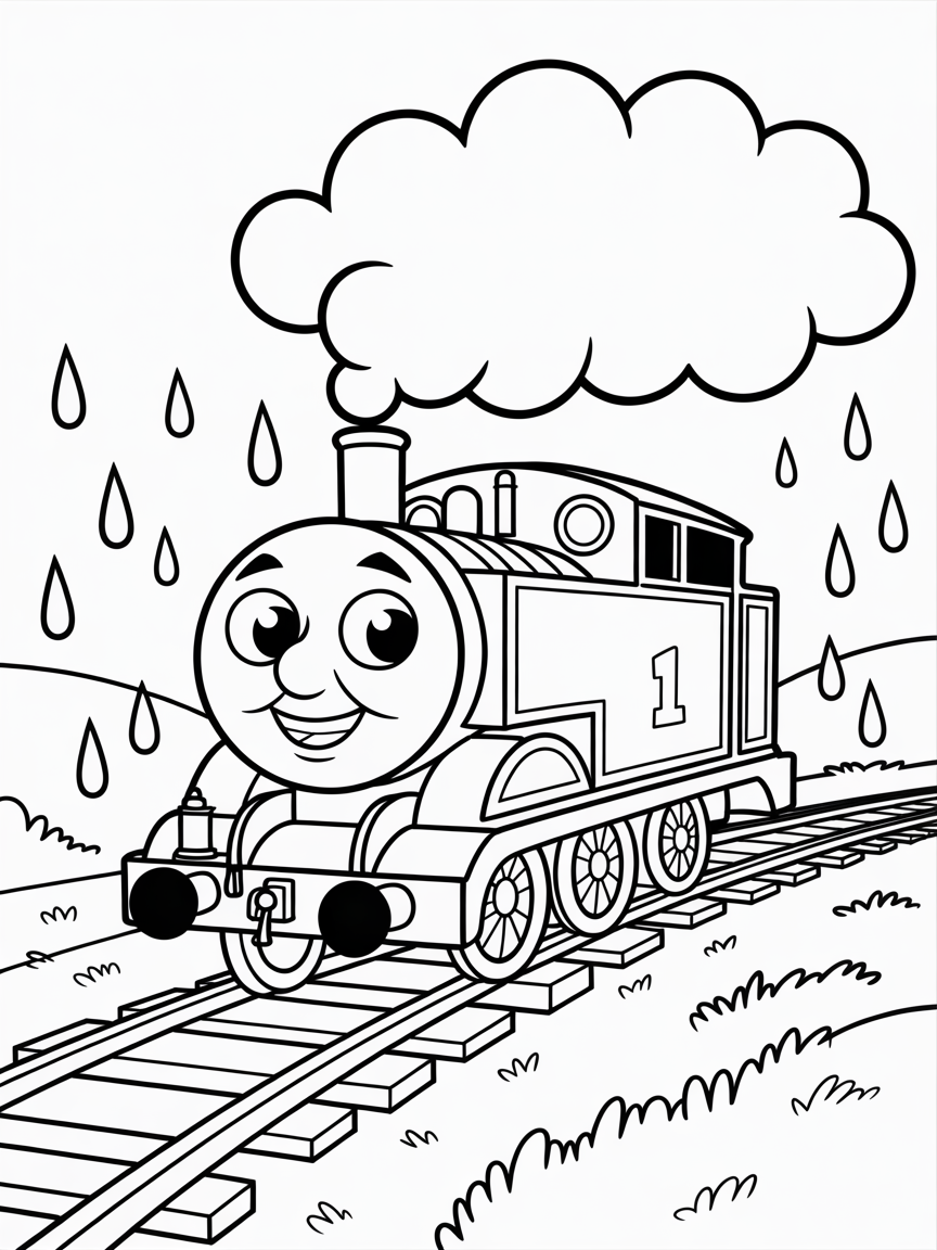 Thomas the Train on a rainy day - Free Coloring Page