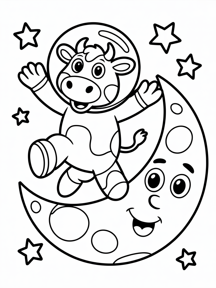 Astronaut cow jumping over the moon - Free Coloring Page