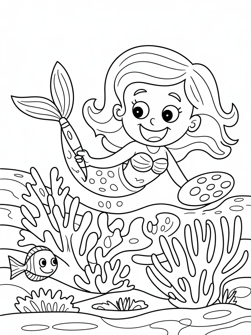 Mermaid painting a rainbow coral reef - Free Coloring Page