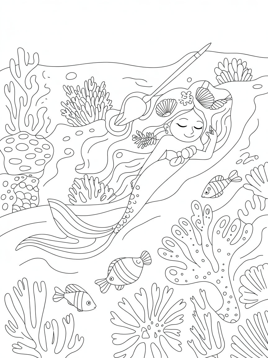 Mermaid painting a rainbow coral reef asleep - Free Coloring Page